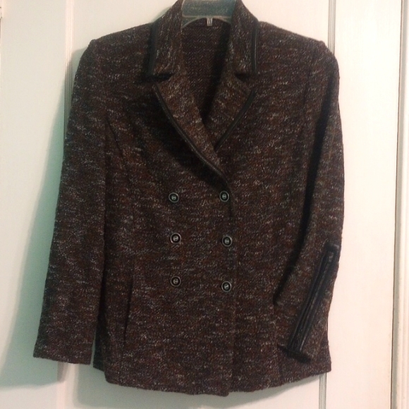 ST JOHN Collection Boucle Tweed Leather Trim Double- Breasted Blazer Jacket - Picture 6 of 16